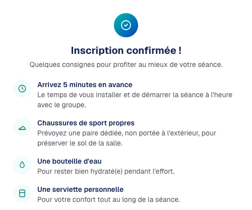 Écran de confirmation d'inscription affiché au client après une réservation, avec une checklist avant la séance